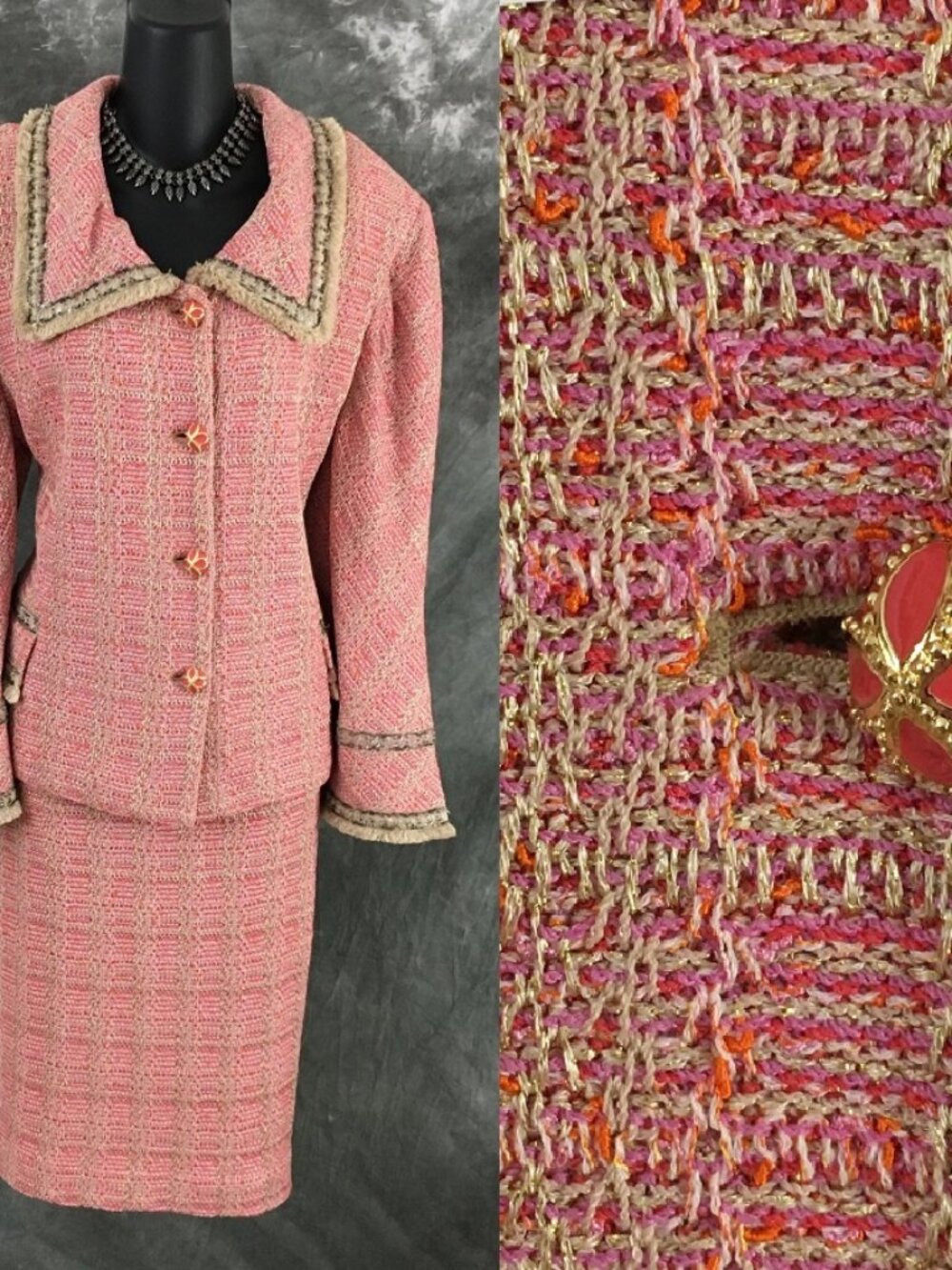BEAUTIFUL st john couture knit pink beige orange embellished skirt suit 14
